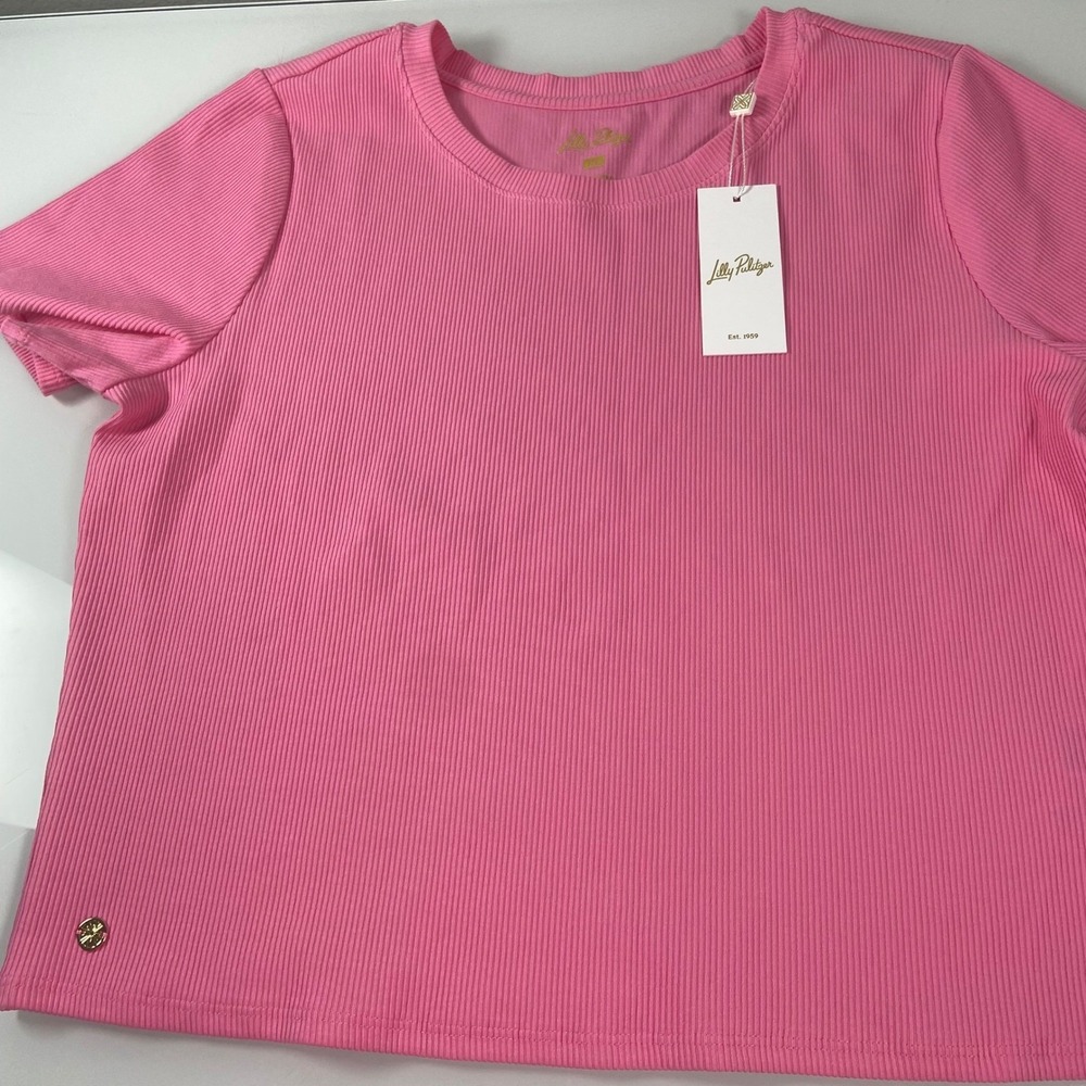 Lilly Pulitzer Minnie Knit Crop Top XL Confetti‎ Pink Ribbed Short Sleeve NEW